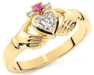 Diamond Pink Tourmaline Gold Silver Claddagh Ring