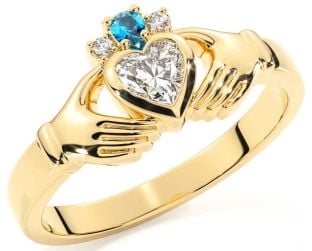 Diamond Topaz Gold Silver Claddagh Ring