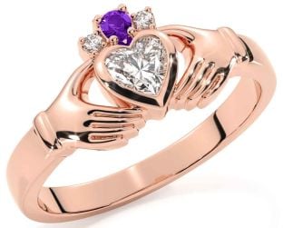 Diamond Amethyst Rose Gold Claddagh Ring