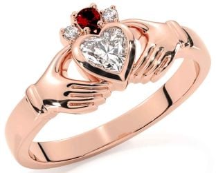 Diamond Garnet Rose Gold Claddagh Ring