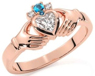 Diamond Topaz Rose Gold Claddagh Ring