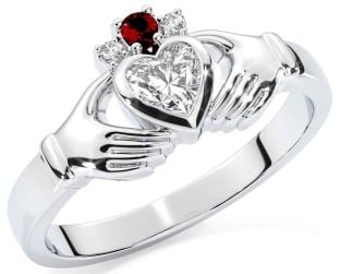 Diamond Garnet Silver Claddagh Ring