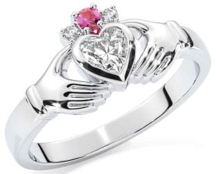 Diamond Pink Tourmaline Silver Claddagh Ring