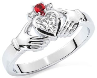 Diamond Ruby Silver Claddagh Ring