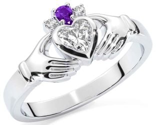 Diamant Amethist Wit Goud Claddagh Ring