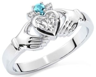 Diamond Aquamarine White Gold Claddagh Ring