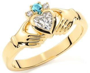 Diamond Aquamarine Gold Claddagh Ring