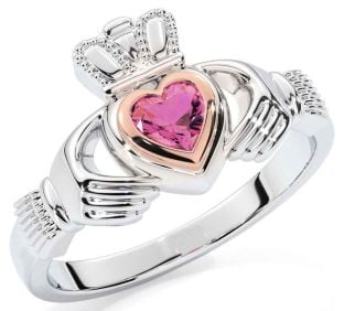 Pink Tourmaline Rose Gold Silver Claddagh Ring