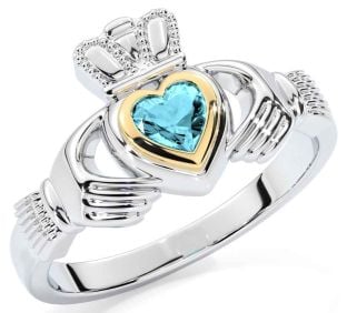 Aquamarine Gold Silver Claddagh Ring