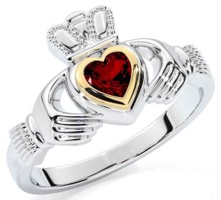 Garnet Gold Silver Claddagh Ring