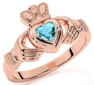 Aquamarine Rose Gold Silver Claddagh Ring