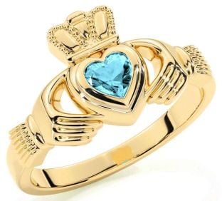 Aquamarine Gold Silver Claddagh Ring