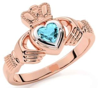 Aquamarine White Rose Gold Claddagh Ring