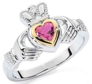 Pink Tourmaline Gold Silver Claddagh Ring