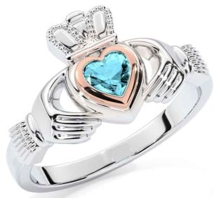 Aquamarine White Rose Gold Claddagh Ring