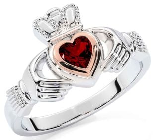 Garnet White Rose Gold Claddagh Ring