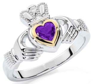 Amethyst White Yellow Gold Claddagh Ring