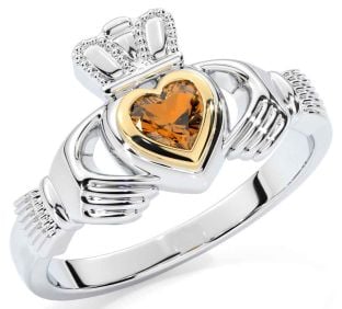 Citrine White Yellow Gold Claddagh Ring