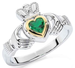 Emerald White Yellow Gold Claddagh Ring