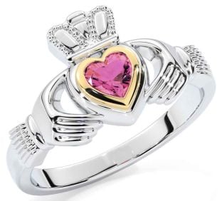 Pink Tourmaline White Yellow Gold Claddagh Ring