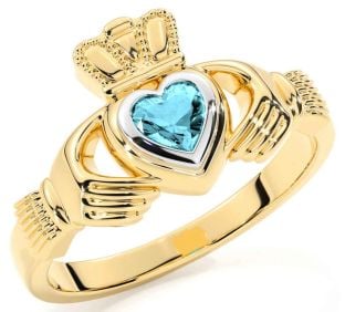 Aquamarine White Yellow Gold Claddagh Ring