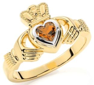 Citrine White Yellow Gold Claddagh Ring