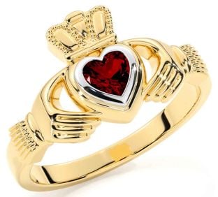 Garnet White Yellow Gold Claddagh Ring