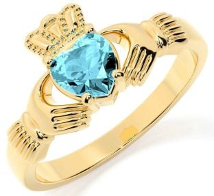 Aquamarine Gold Silver Claddagh Ring