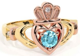 Aquamarine Rose Yellow Gold & Silver Claddagh Ring