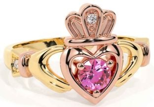 Pink Tourmaline Rose Yellow Gold & Silver Claddagh Ring