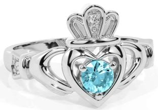 Aquamarine Silver Claddagh Ring