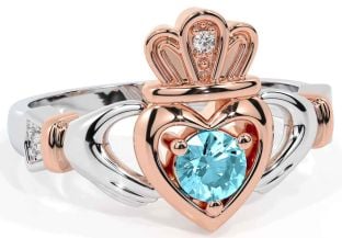 Água Marinha Rosa Ouro Prata Claddagh Anel