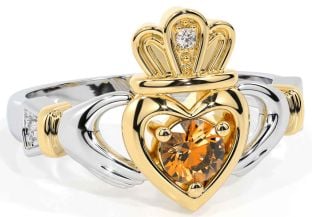 Citrine Gold Silver Claddagh Ring