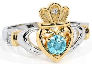 Aquamarine White Yellow Gold Claddagh Ring