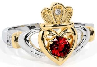 Garnet White Yellow Gold Claddagh Ring