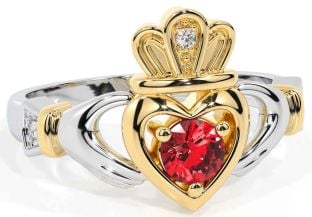 Ruby White Yellow Gold Claddagh Ring