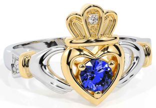 Sapphire White Yellow Gold Claddagh Ring