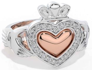 Diamond Rose Gold Silver Claddagh Ring