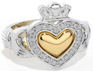 Diamond Gold Silver Claddagh Ring