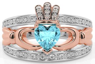 Diamond Aquamarine Rose Gold Silver Claddagh Ring