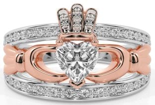 Diamond Rose Gold Silver Claddagh Ring