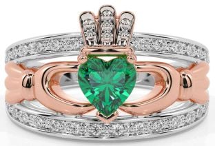 Diamond Emerald Rose Gold Silver Claddagh Ring