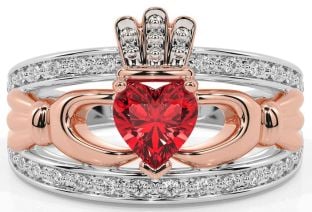 Diamond Ruby Rose Gold Silver Claddagh Ring