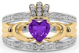 Diamond Amethyst Gold Silver Claddagh Ring