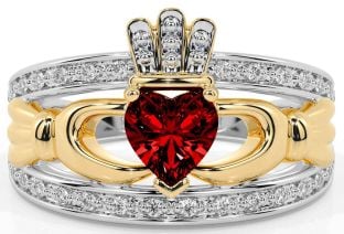 Diamond Garnet Gold Silver Claddagh Ring