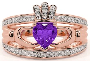 Diamond Amethyst Rose Gold Silver Claddagh Ring