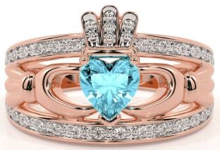 Diamond Aquamarine Rose Gold Silver Claddagh Ring