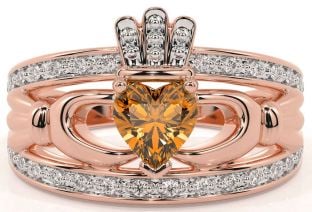 Diamond Citrine Rose Gold Silver Claddagh Ring