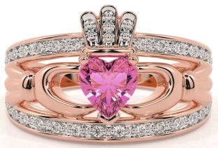 Diamond Pink Tourmaline Rose Gold Silver Claddagh Ring