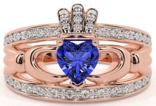 Diamond Sapphire Rose Gold Silver Claddagh Ring